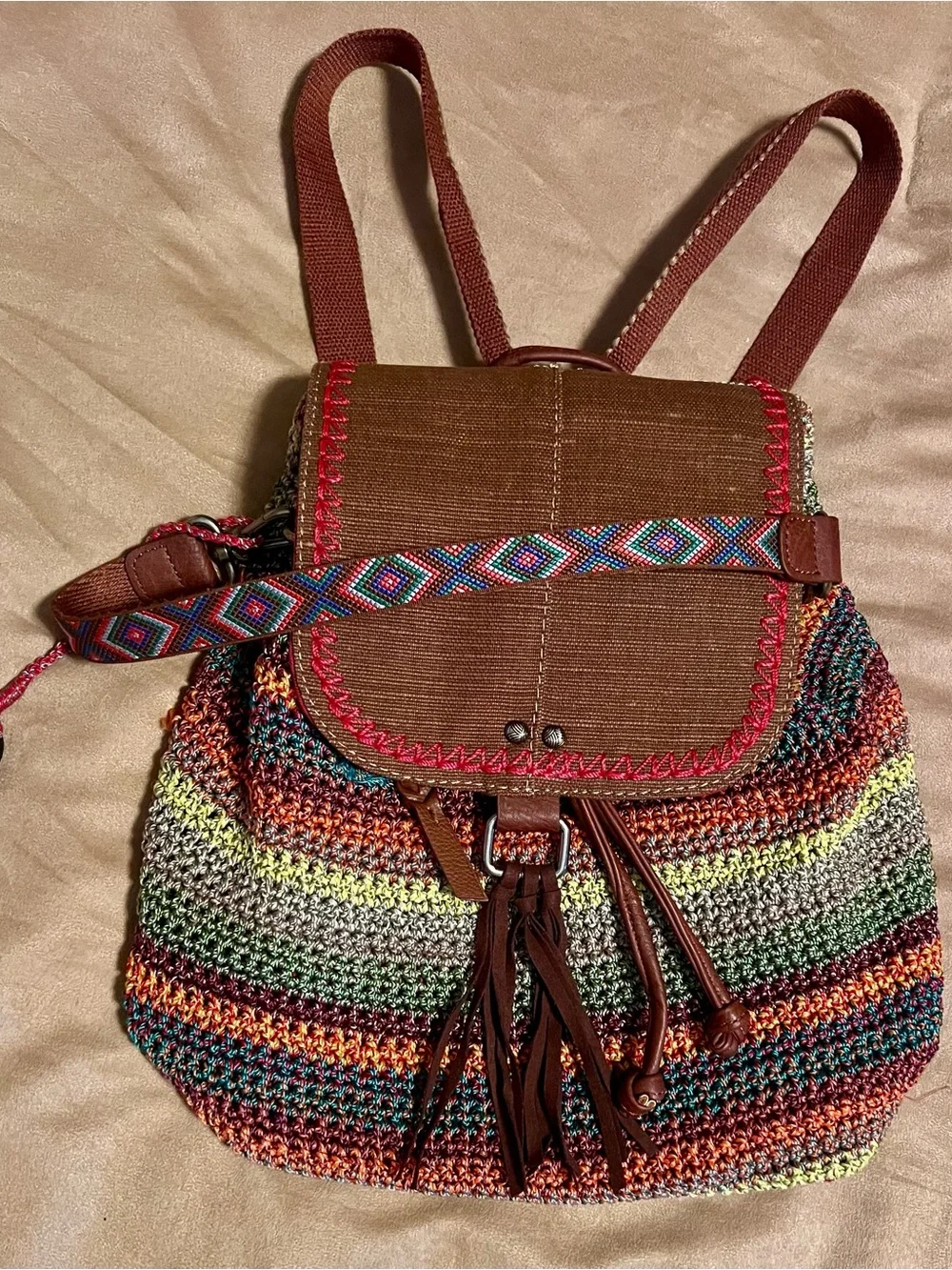 The Sak Avalon Brown & Multicolor Crochet Backpack with Patterned Strap